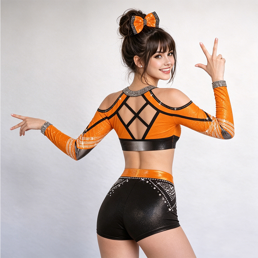 Girls Orange Black Cold Shoulder Long Sleeve Cheerleader Outfits