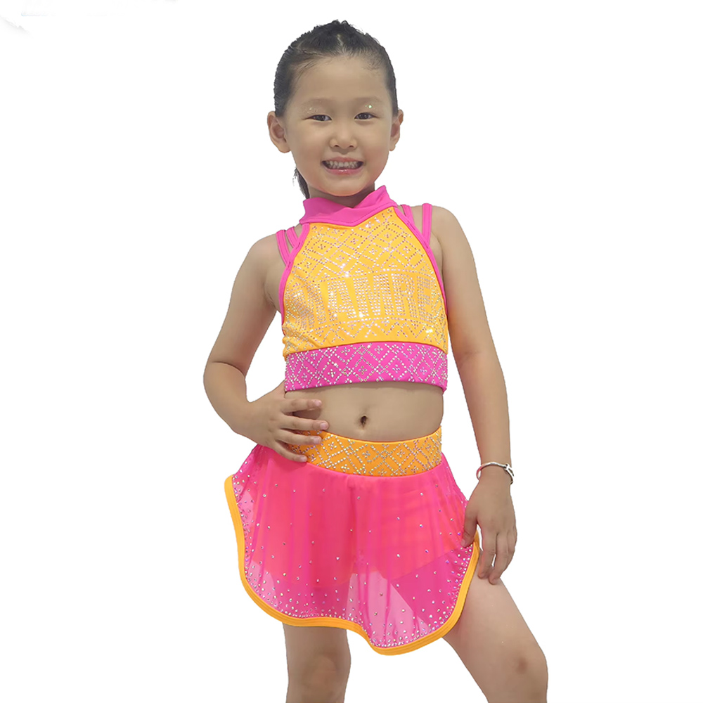 Girls Bright Pink Yellow Sleeveless Crop Top Short Skirt Set