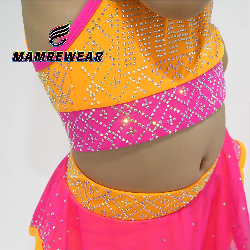 Girls Bright Pink Yellow Sleeveless Crop Top Short Skirt Set