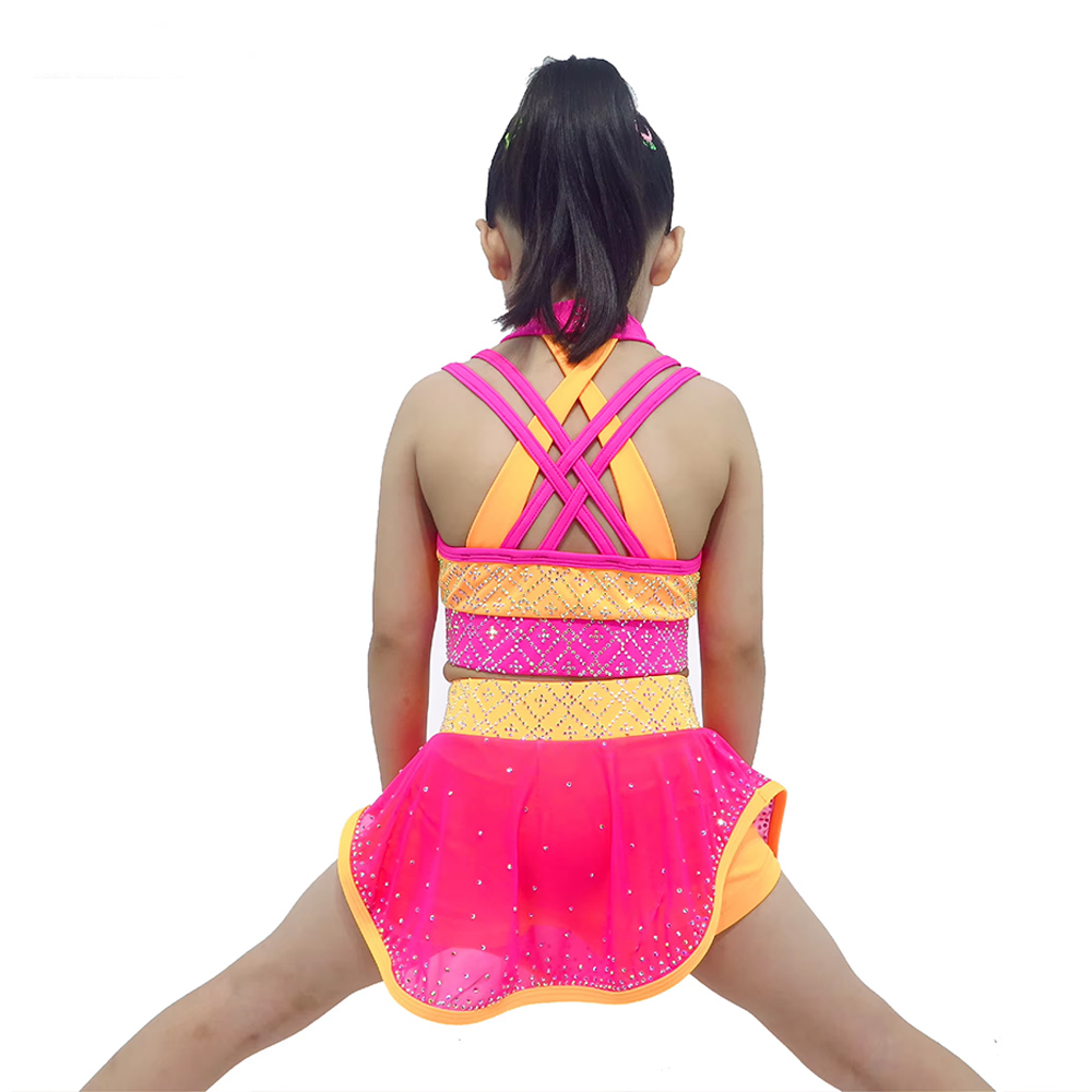 Girls Bright Pink Yellow Sleeveless Crop Top Short Skirt Set
