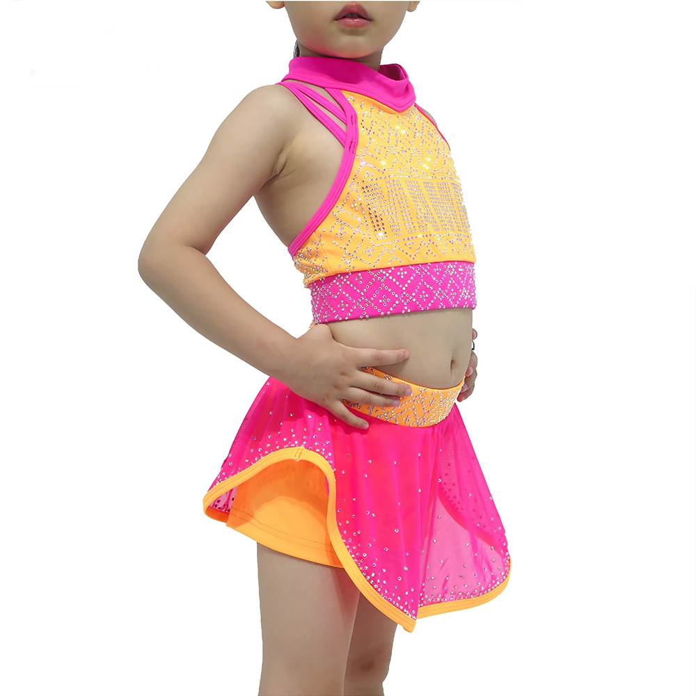 Girls Bright Pink Yellow Sleeveless Crop Top Short Skirt Set