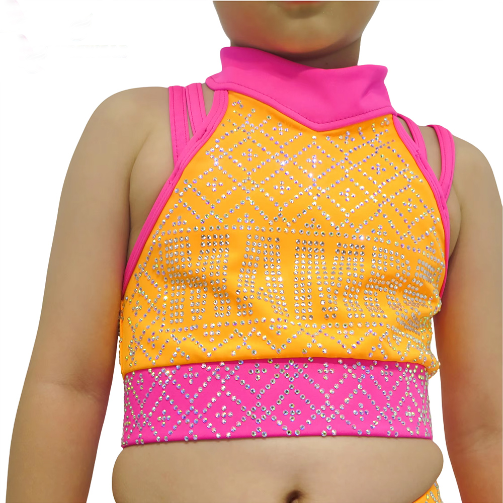 Girls Bright Pink Yellow Sleeveless Crop Top Short Skirt Set