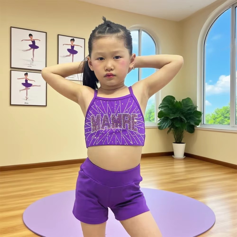 Custom Purple Heavy Starburst Rhinestone Kids Cheerleading Uniform