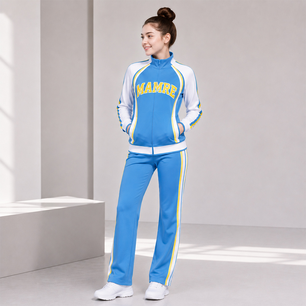 Stylish Blue White Yellow Cheerleading Tracksuit Jacket Pants