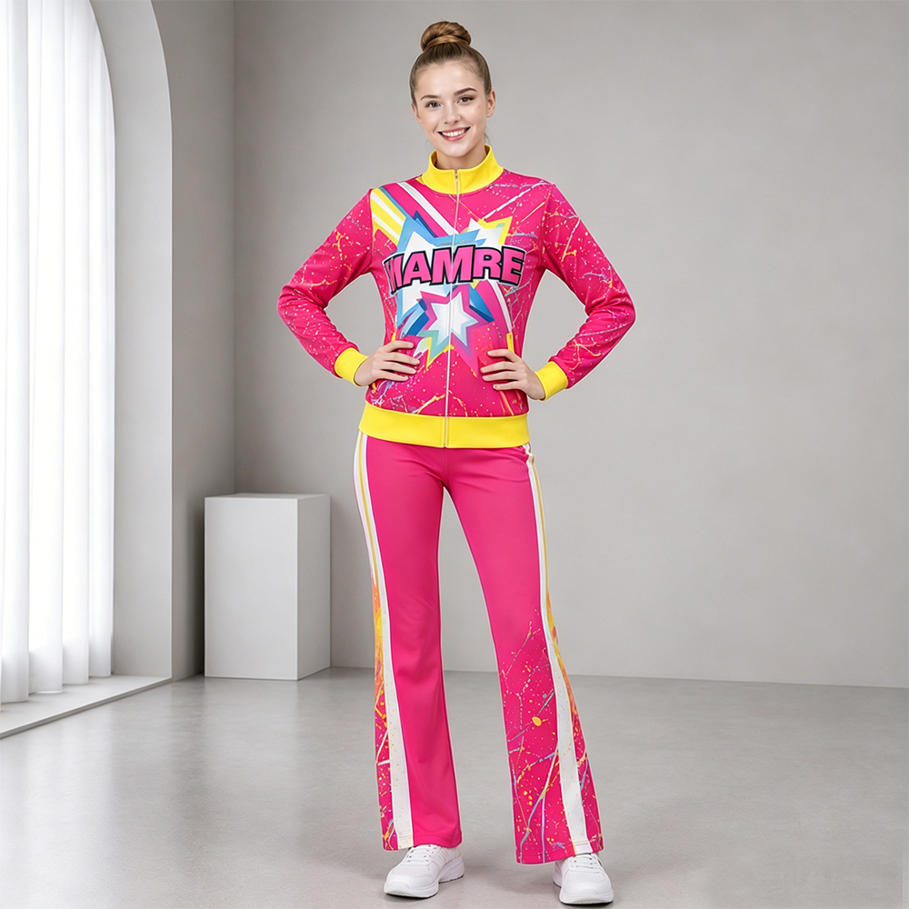 Stylish Hot Pink Yellow Star Cheerleading Tracksuit Jacket Pants