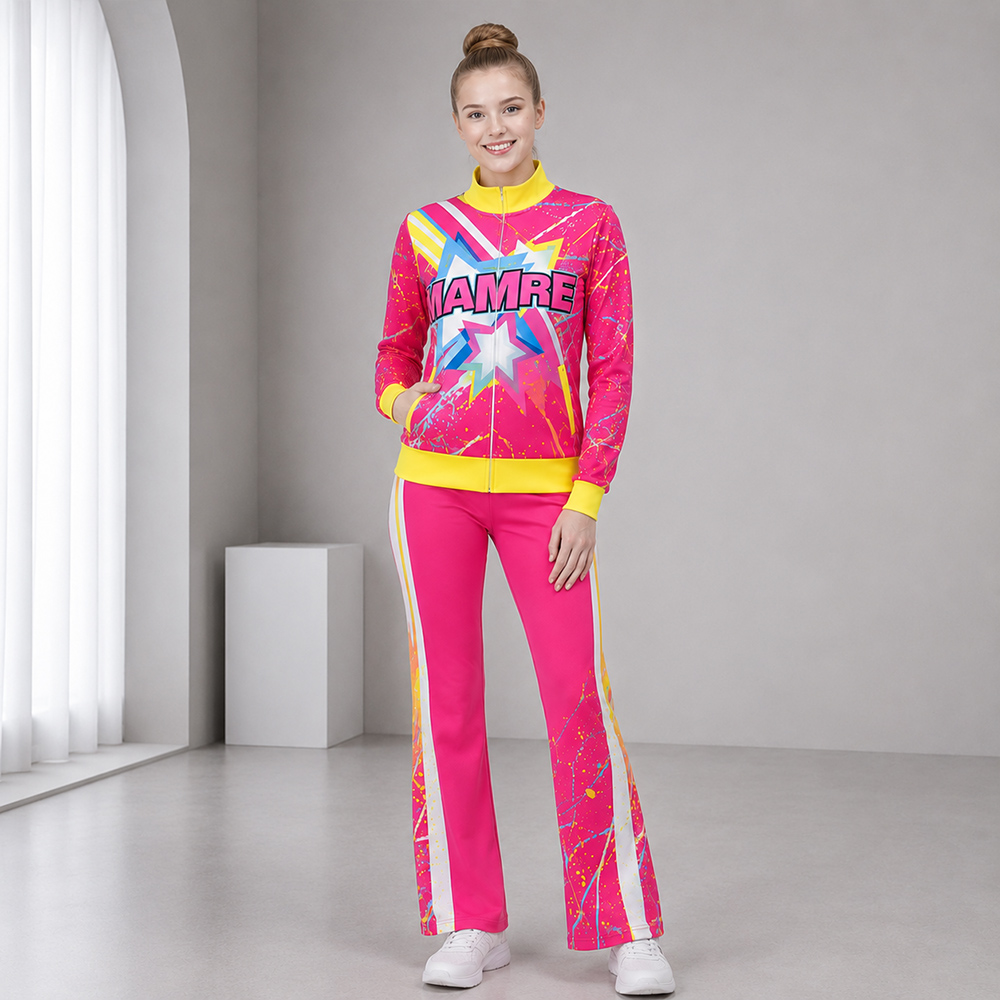 Stylish Hot Pink Yellow Star Cheerleading Tracksuit Jacket Pants