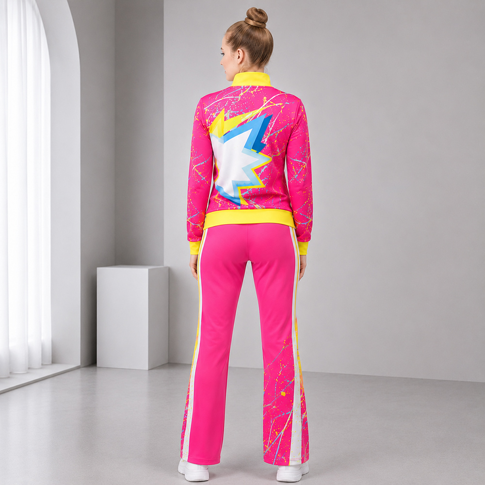 Stylish Hot Pink Yellow Star Cheerleading Tracksuit Jacket Pants