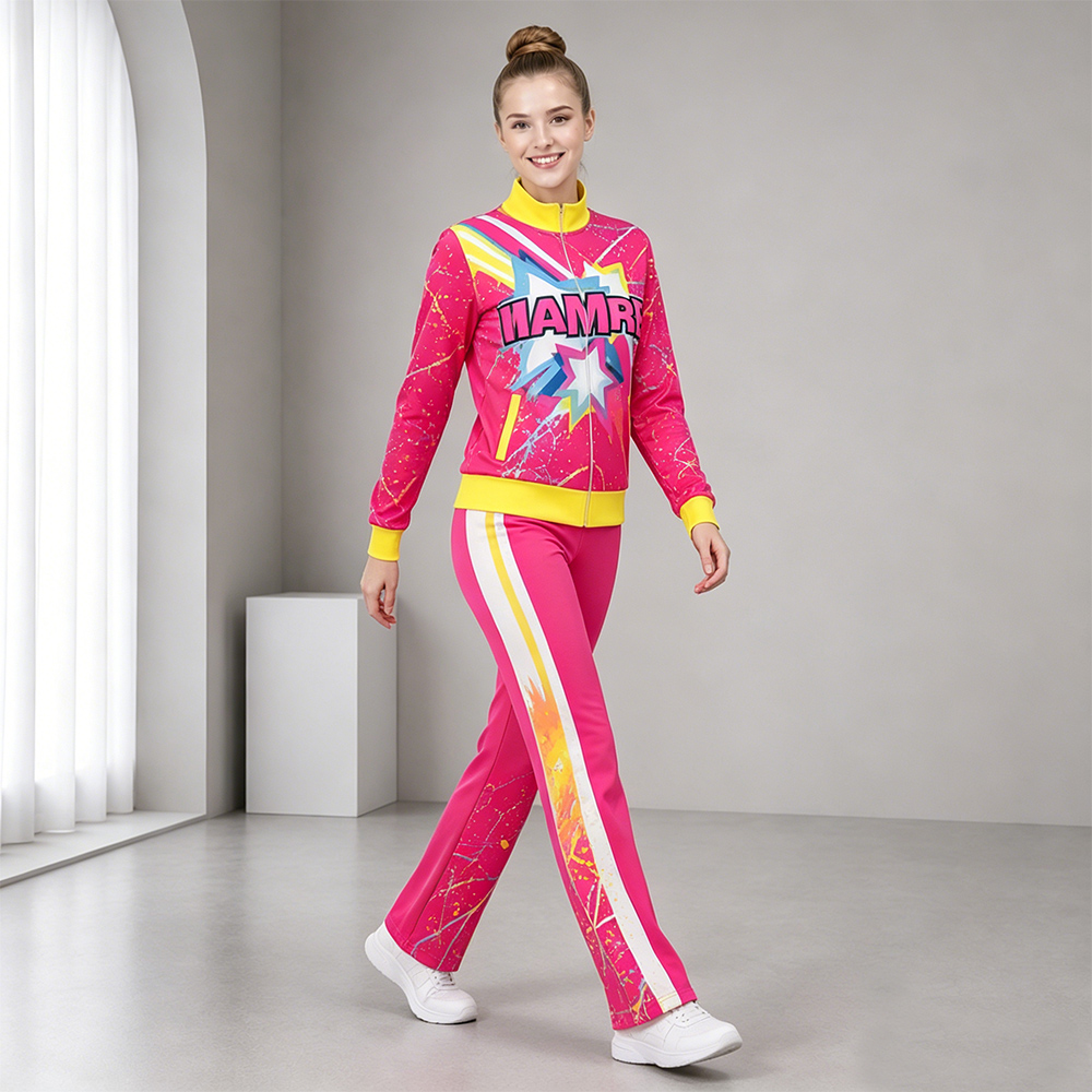 Stylish Hot Pink Yellow Star Cheerleading Tracksuit Jacket Pants