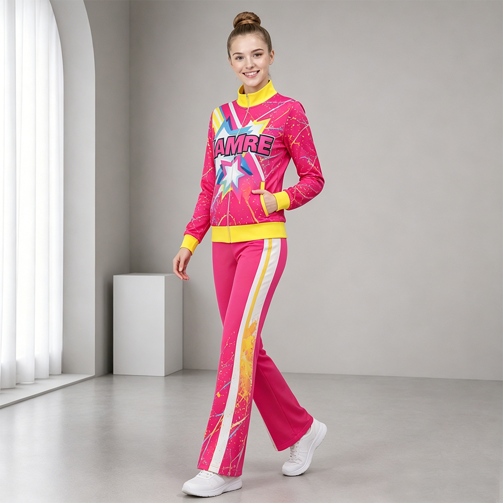 Stylish Hot Pink Yellow Star Cheerleading Tracksuit Jacket Pants