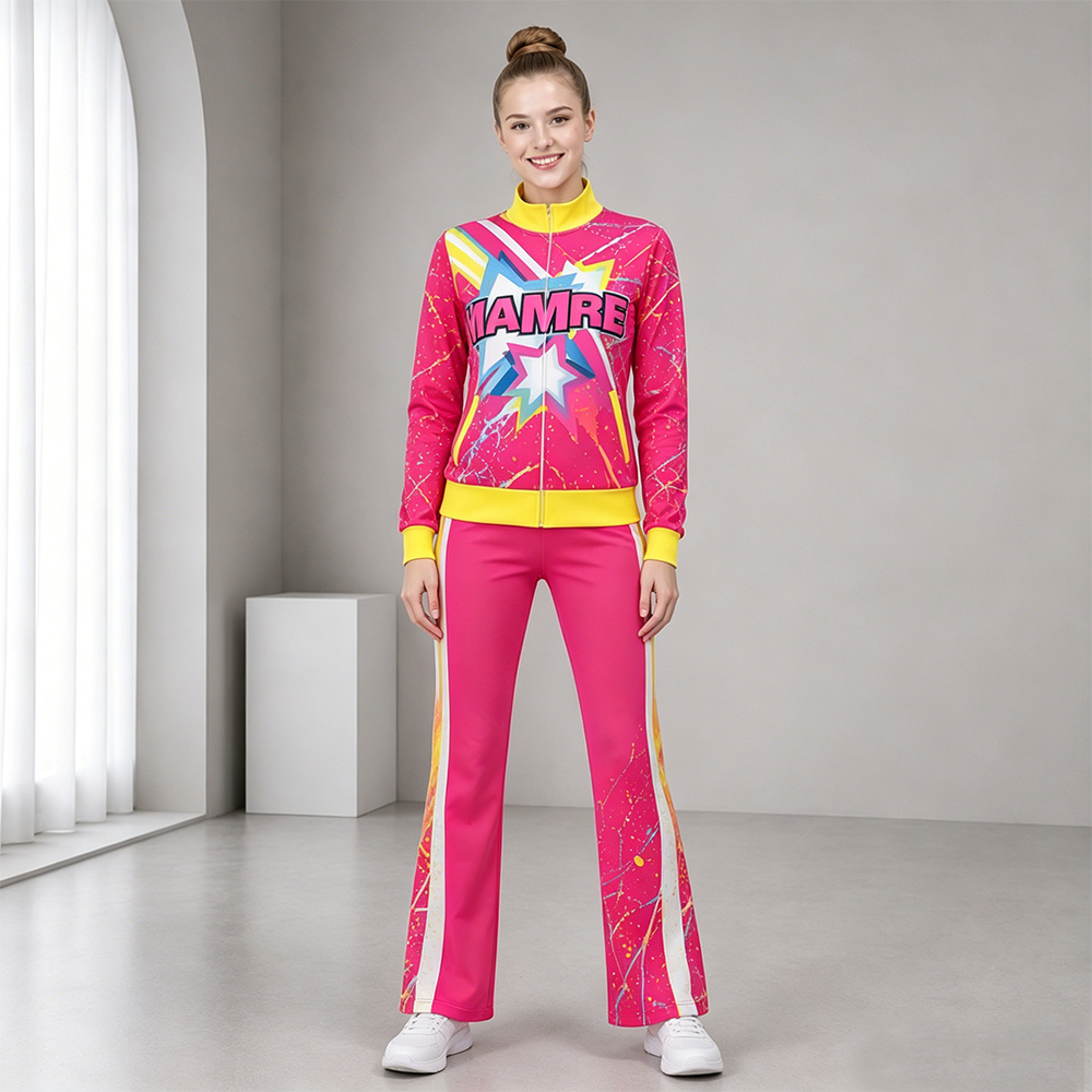 Stylish Hot Pink Yellow Star Cheerleading Tracksuit Jacket Pants