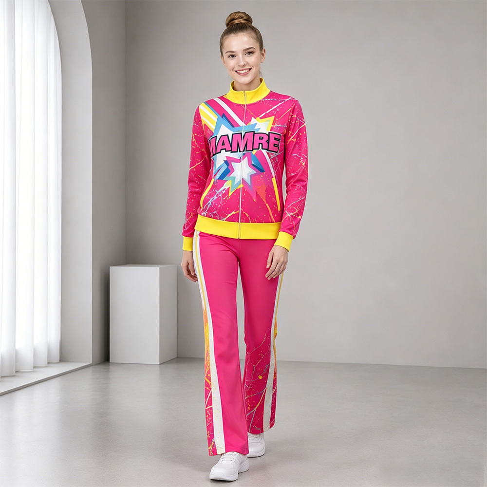 Stylish Hot Pink Yellow Star Cheerleading Tracksuit Jacket Pants