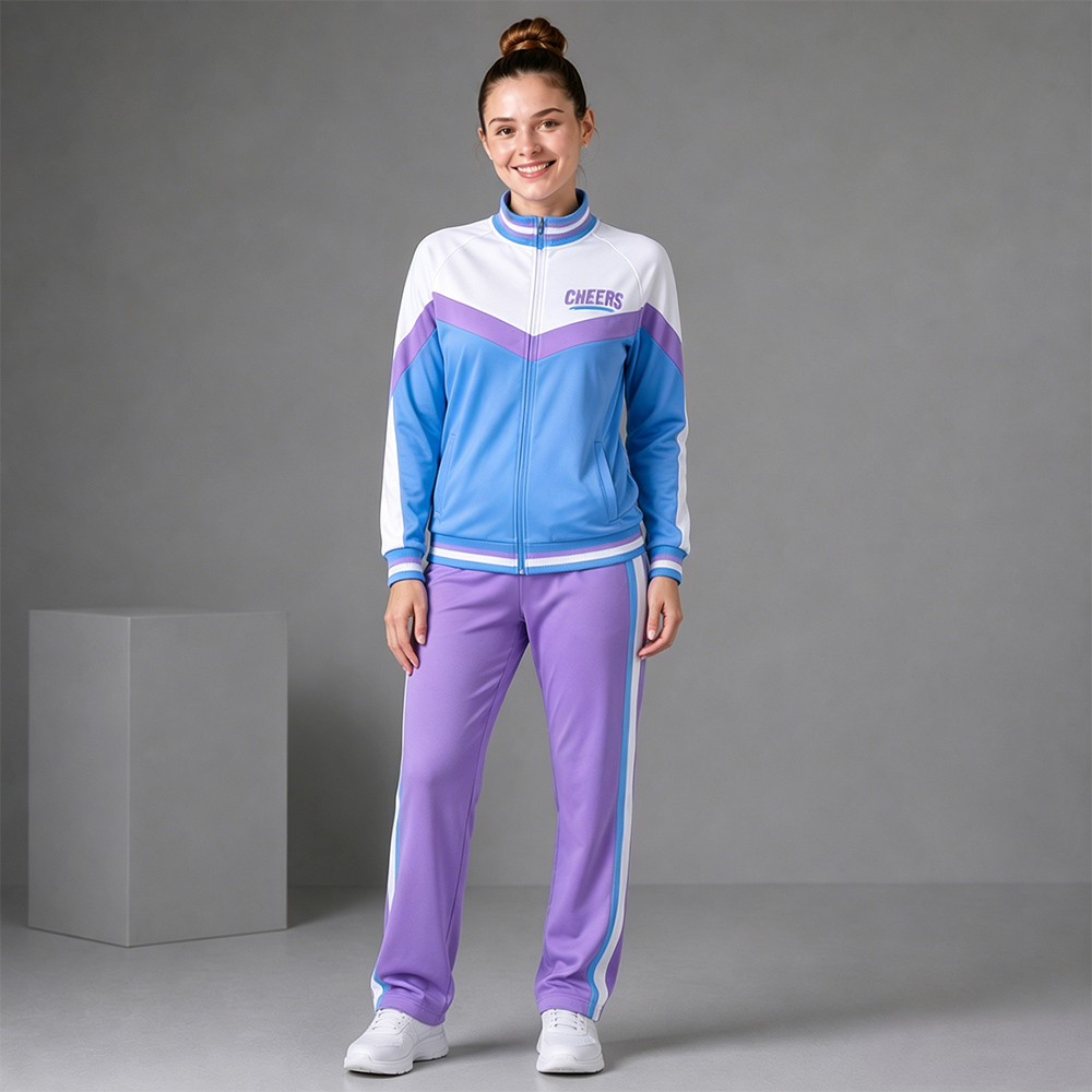 Modern White Blue Purple Cheerleading Jacket Pants Set