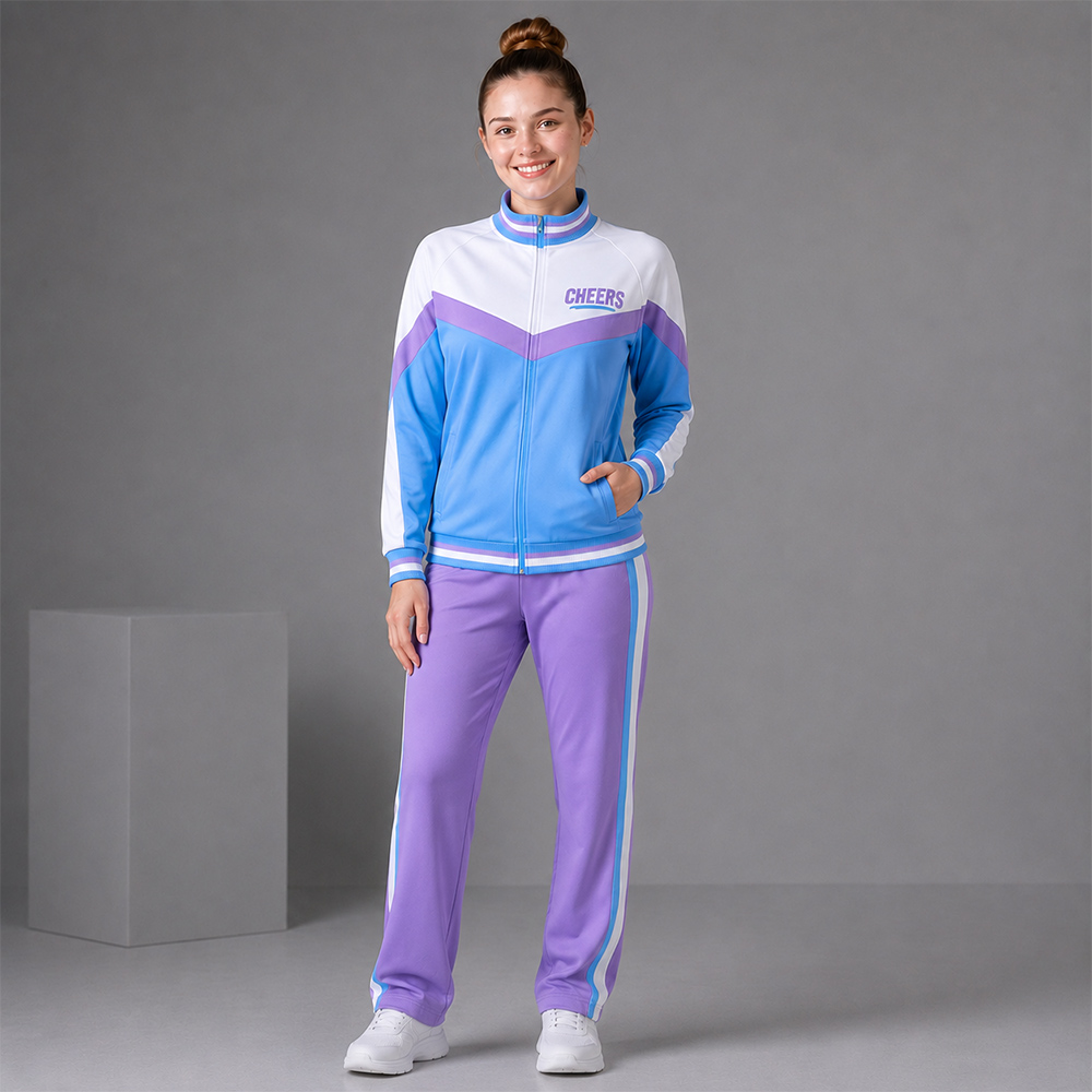 Modern White Blue Purple Cheerleading Jacket Pants Set