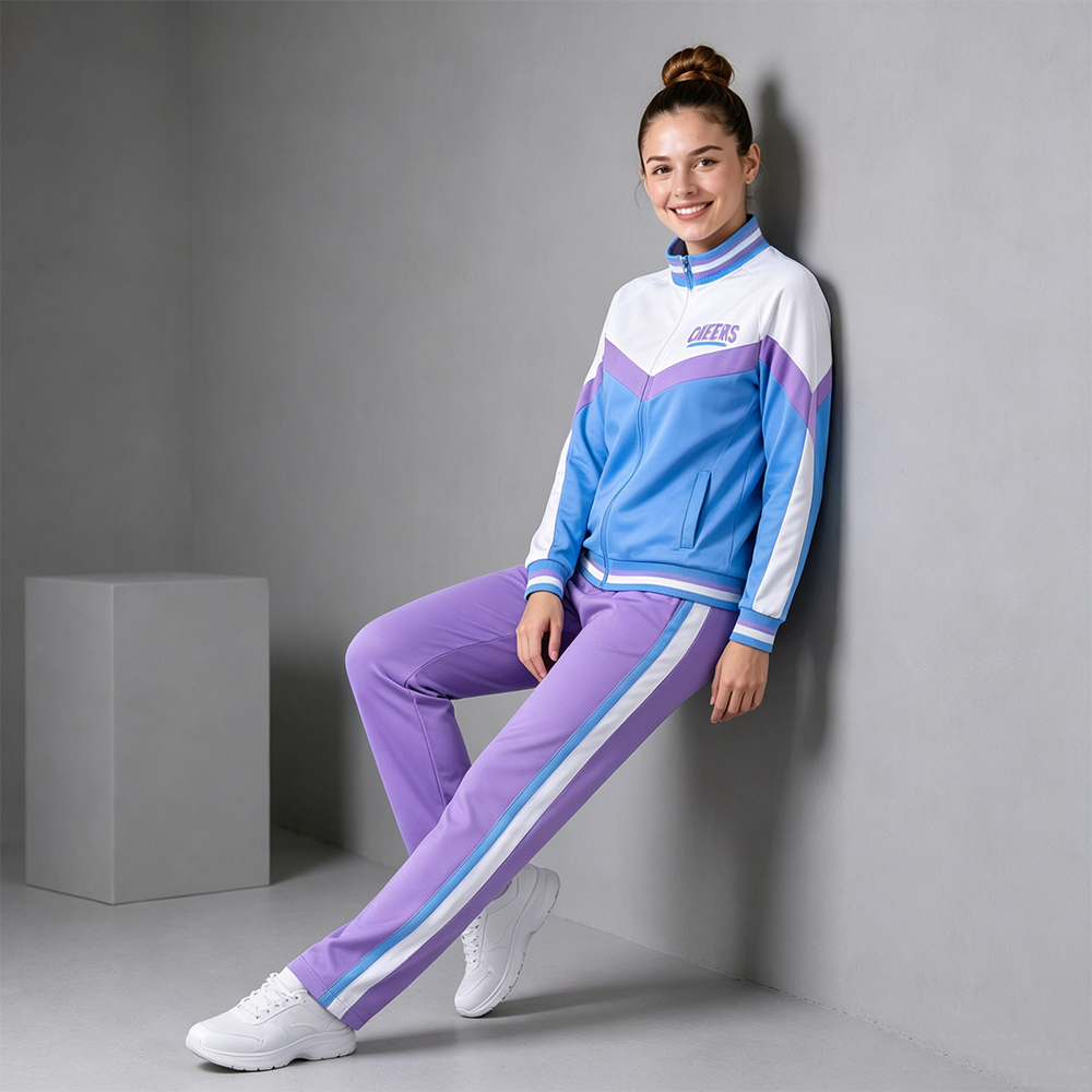 Modern White Blue Purple Cheerleading Jacket Pants Set
