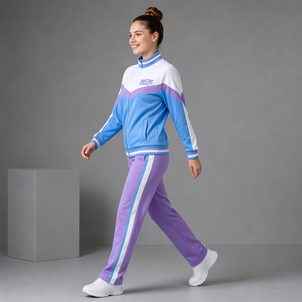 Modern White Blue Purple Cheerleading Jacket Pants Set