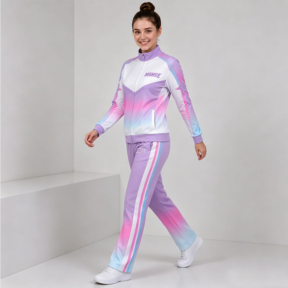 Trendy Purple Pink White Star Cheer Tracksuit Jacket Pants Set