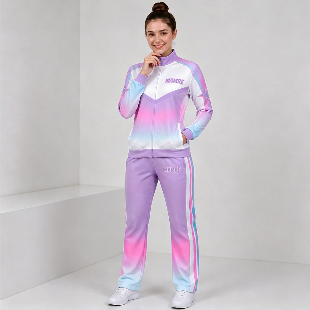 Trendy Purple Pink White Star Cheer Tracksuit Jacket Pants Set