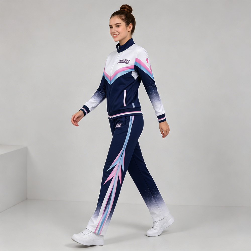 Trendy Navy Pink White Gradient Cheer Jacket Pants Set