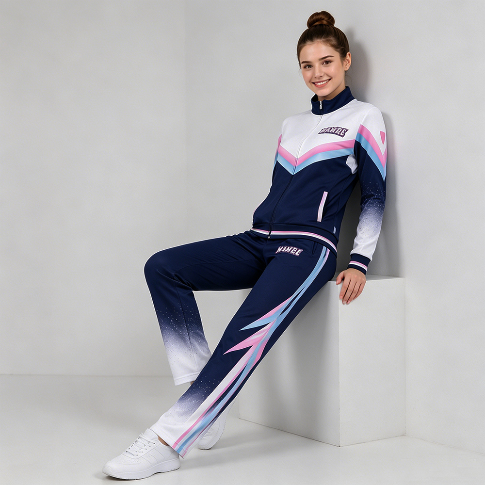 Trendy Navy Pink White Gradient Cheer Jacket Pants Set