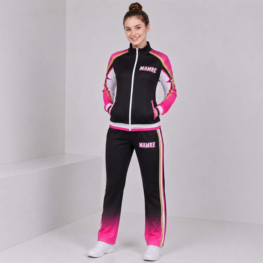 Fashion Black Pink Gold Cheer Jacket Pants Set
